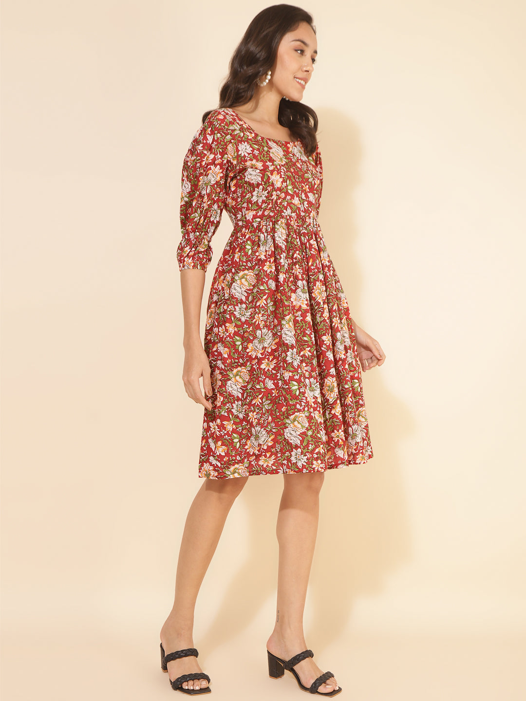 Red-Cotton-Floral-Printed-Gathered-Dress