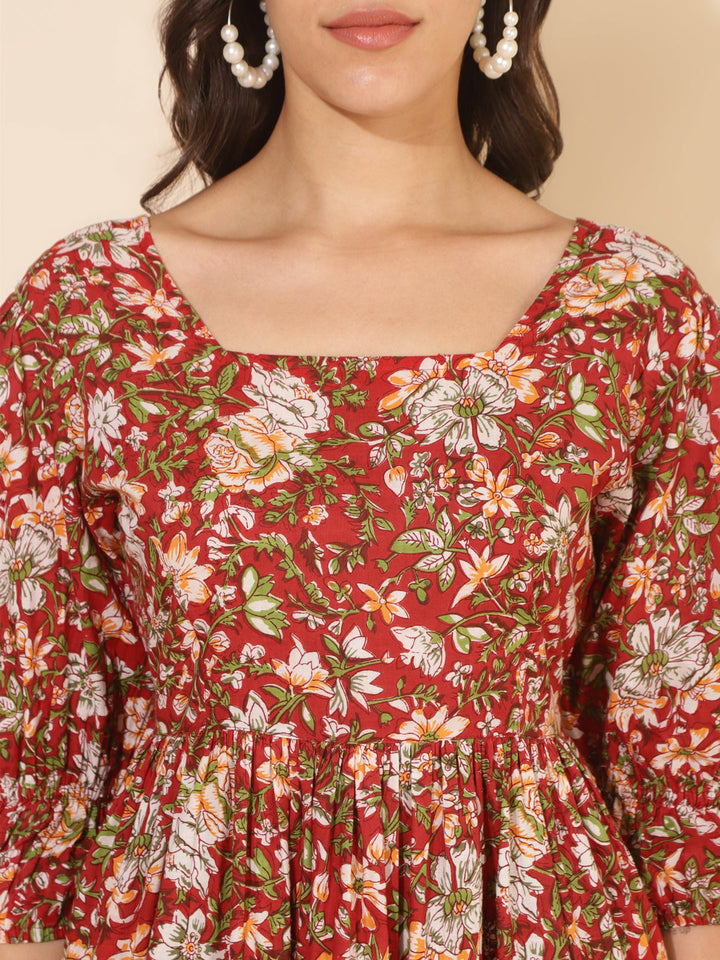 Red-Cotton-Floral-Printed-Gathered-Dress