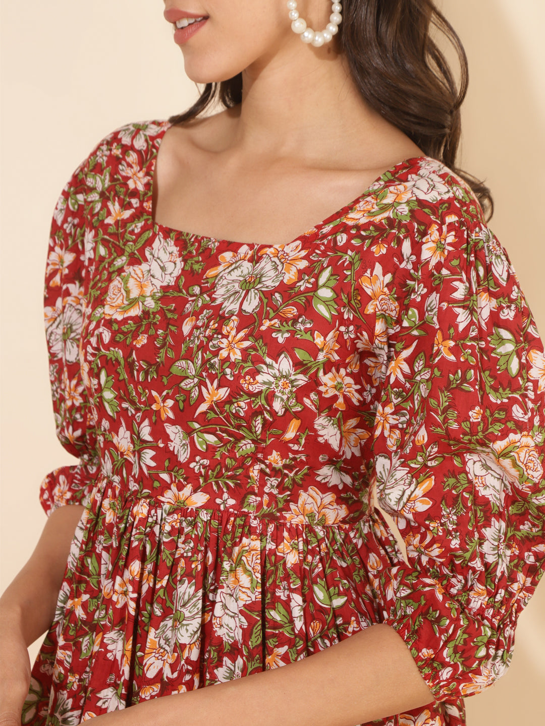 Red-Cotton-Floral-Printed-Gathered-Dress