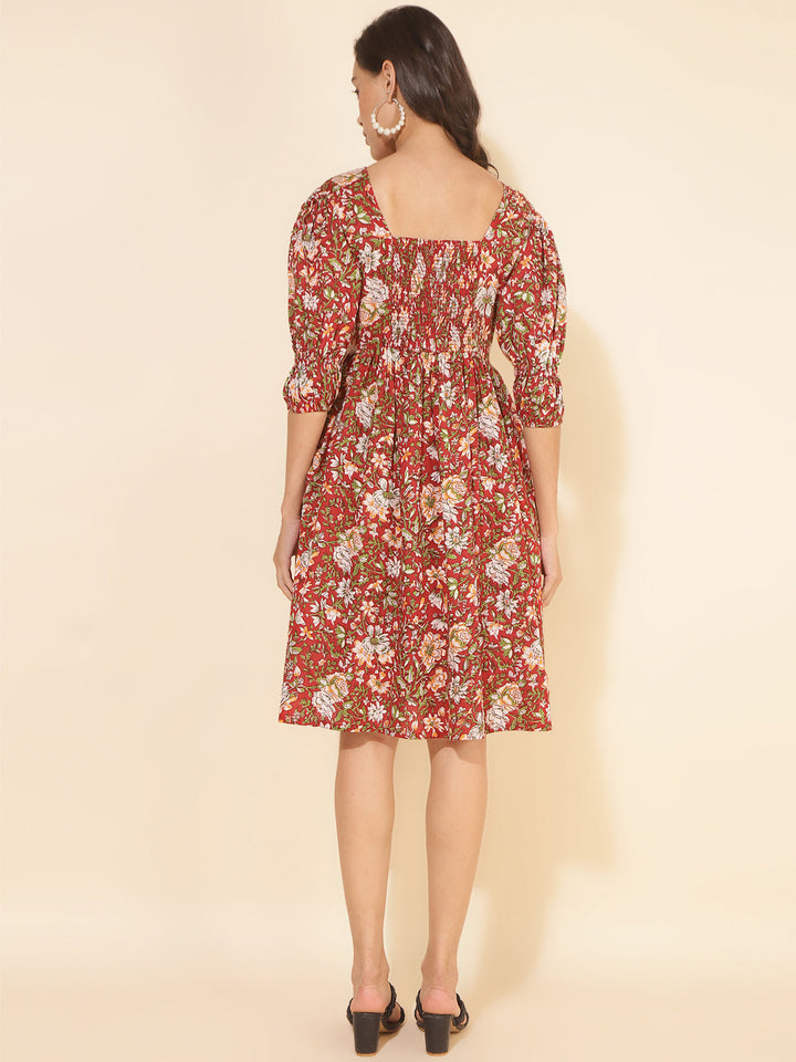 Red-Cotton-Floral-Printed-Gathered-Dress