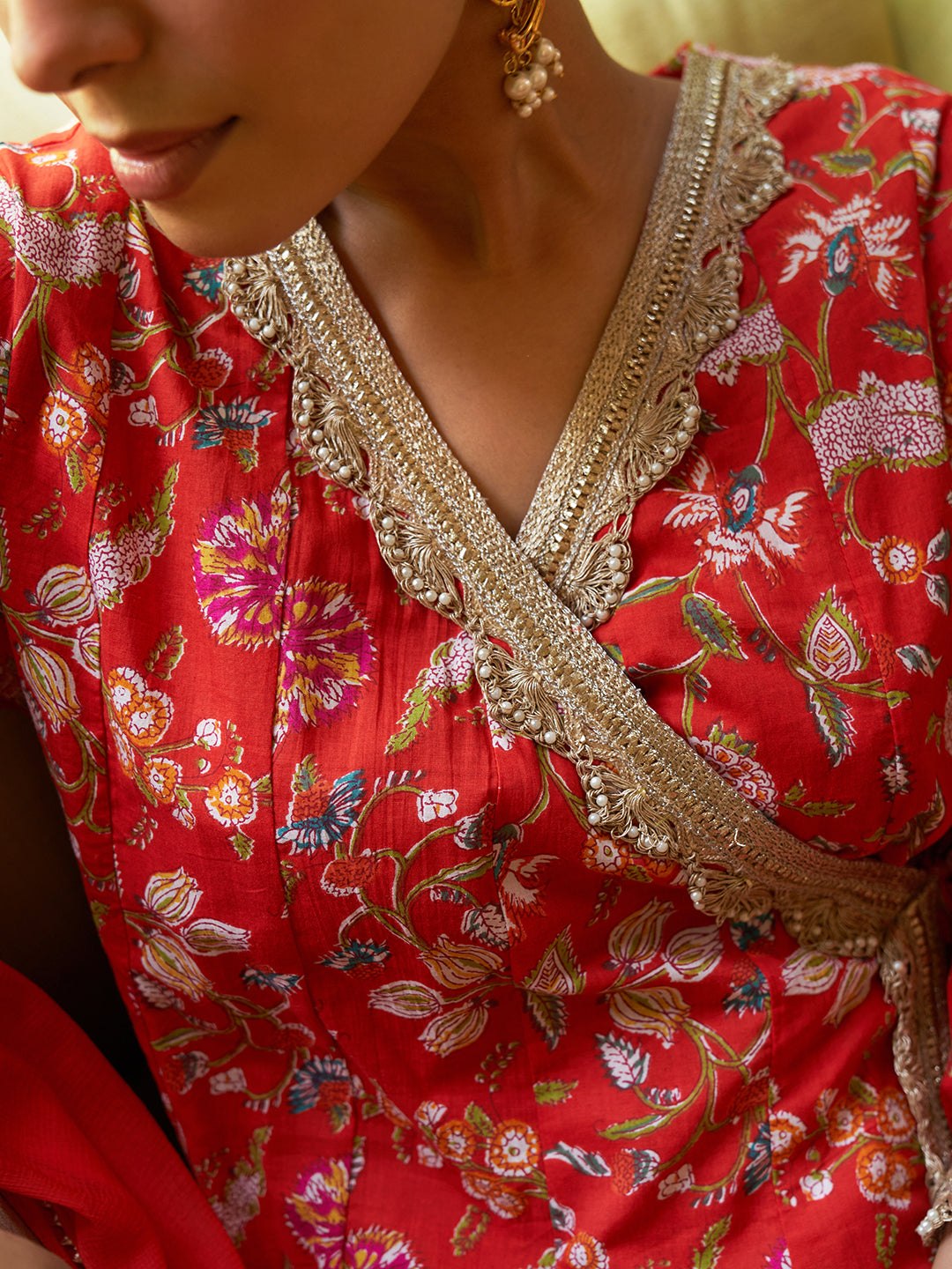 Red Cotton Floral Printed Angrakha Kurta Set
