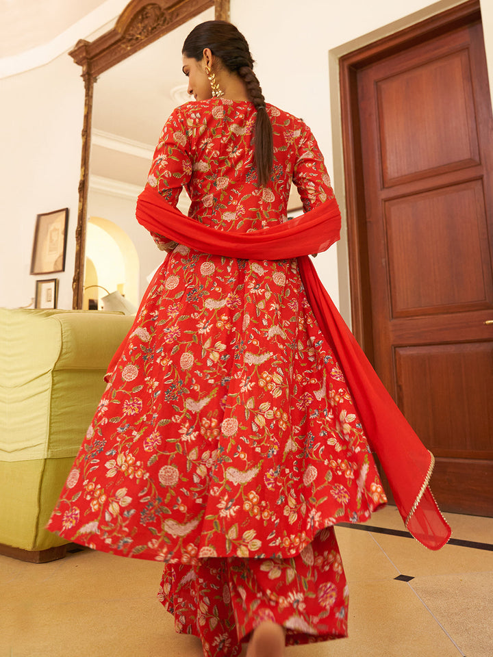 Red Cotton Floral Printed Angrakha Kurta Set