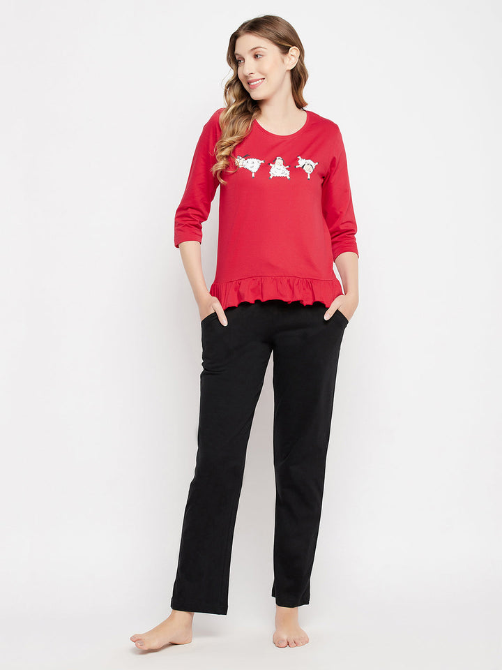 Red-Cotton-Graphic-Print-Top-&-Chic-Basic-Pyjama