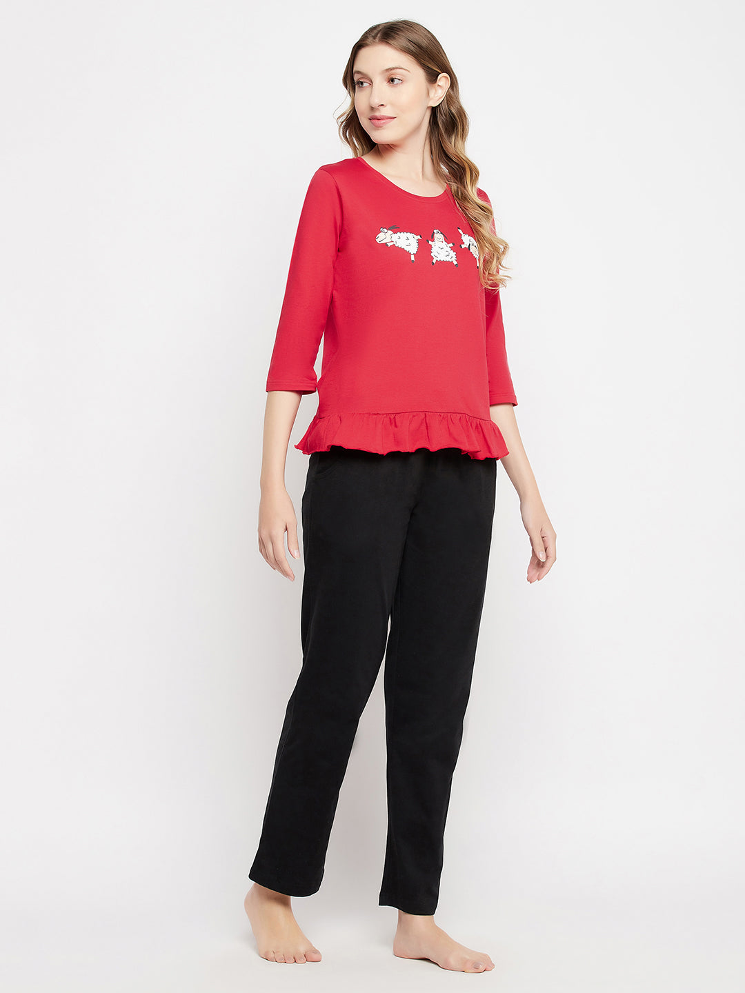 Red-Cotton-Graphic-Print-Top-&-Chic-Basic-Pyjama