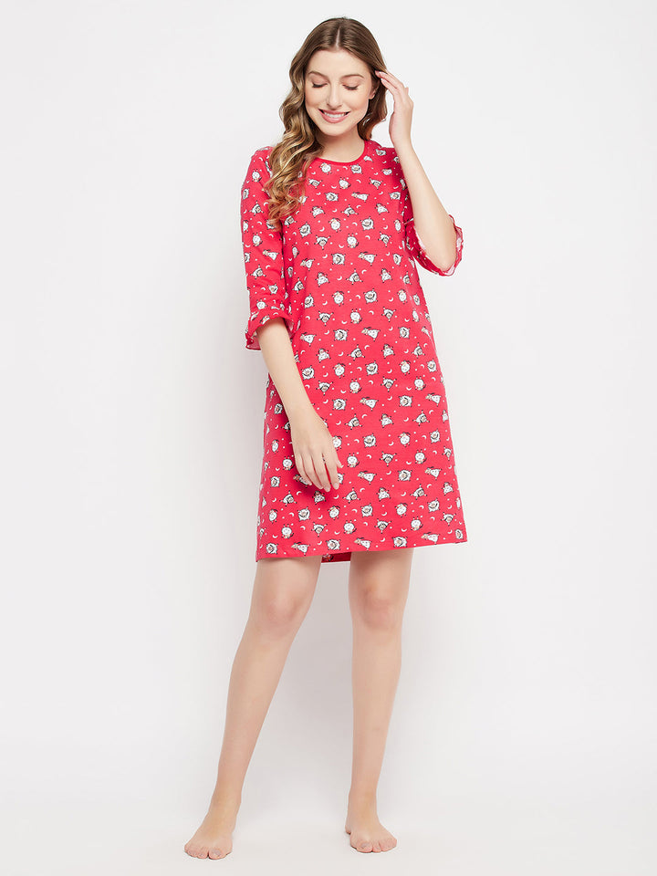 Red-Cotton-Sheep-Print-Short-Night-Dress