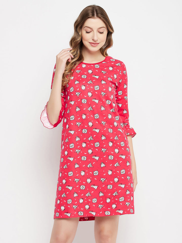 Red-Cotton-Sheep-Print-Short-Night-Dress