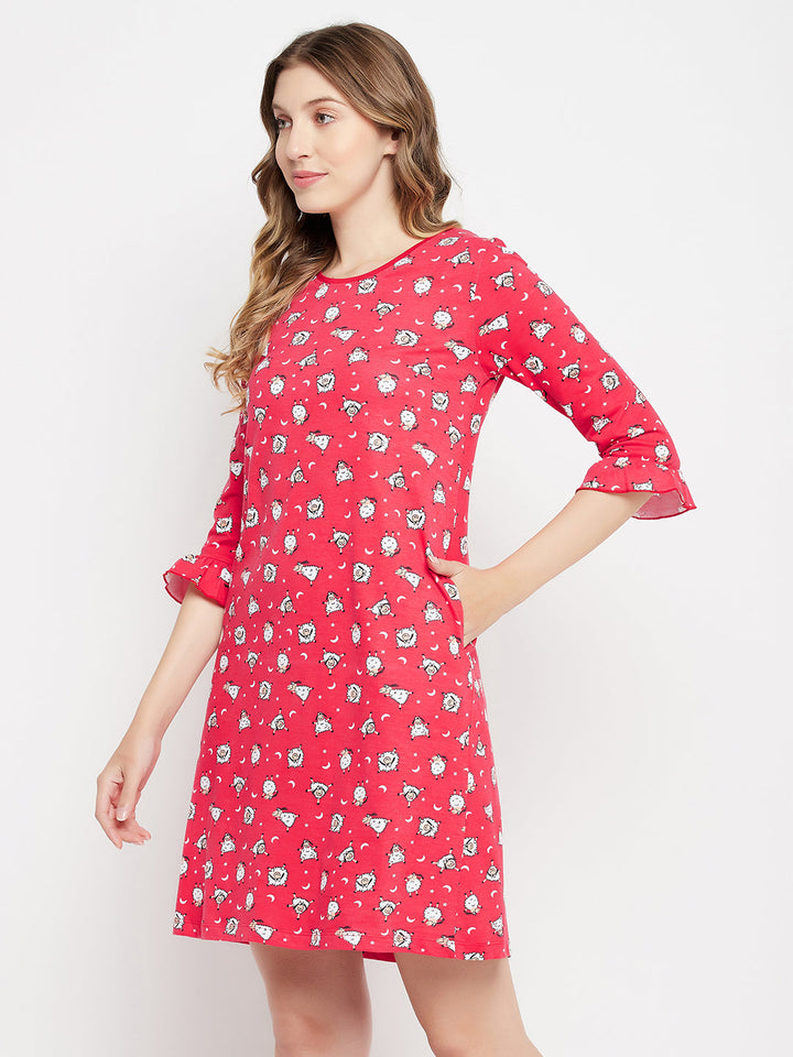 Red-Cotton-Sheep-Print-Short-Night-Dress