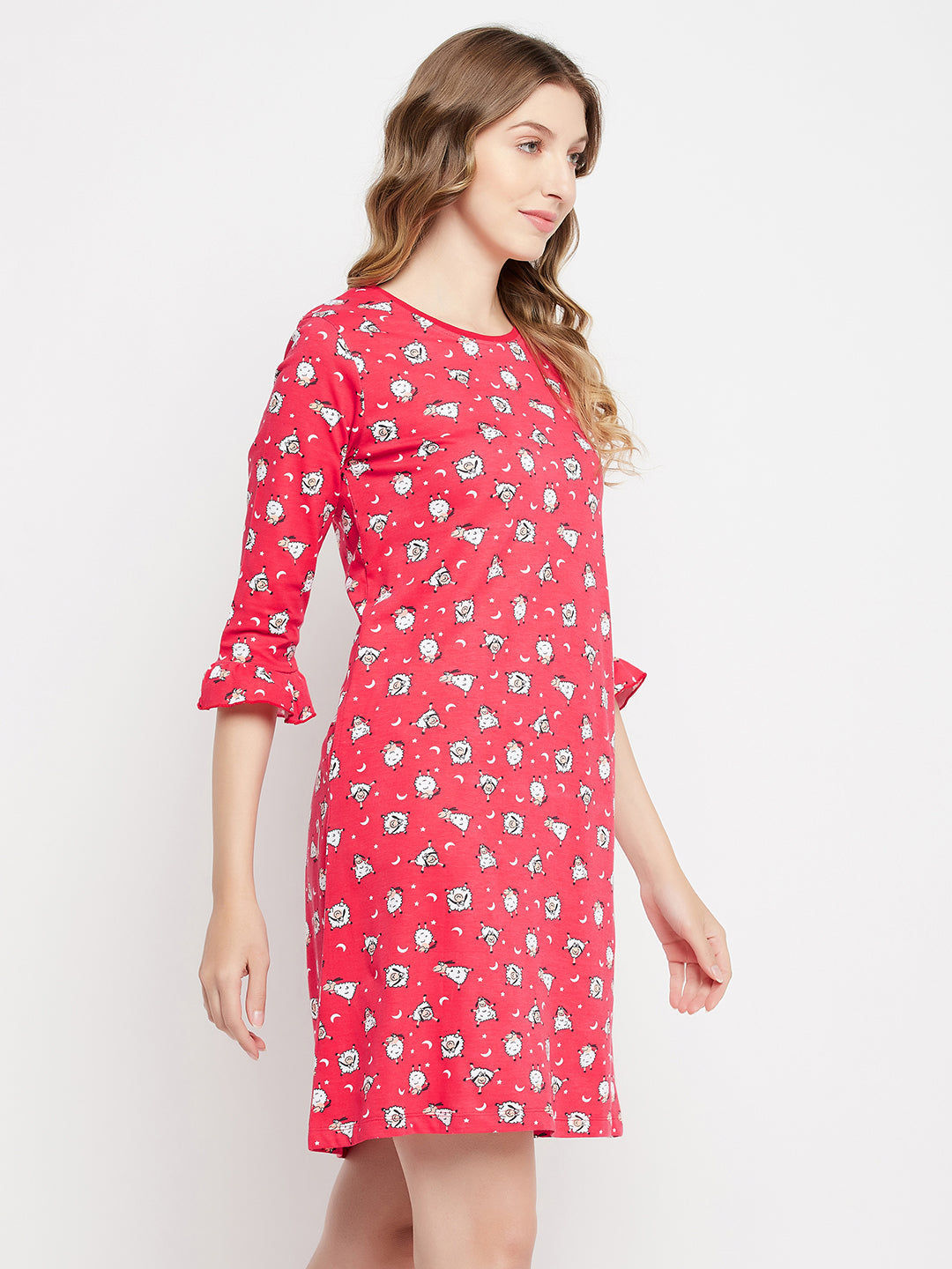 Red-Cotton-Sheep-Print-Short-Night-Dress