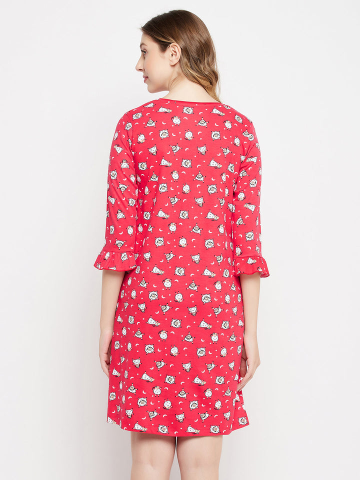 Red-Cotton-Sheep-Print-Short-Night-Dress