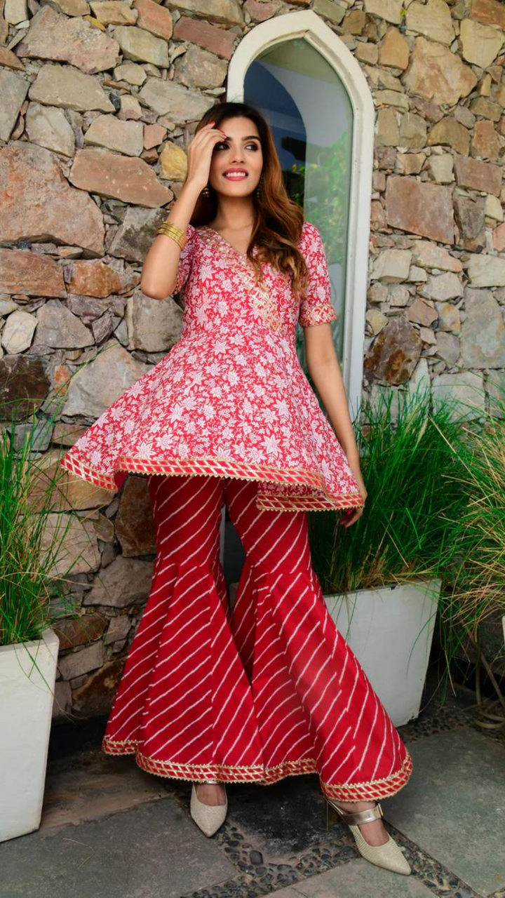 Red-Cotton-Short-Kurti-With-Gharara