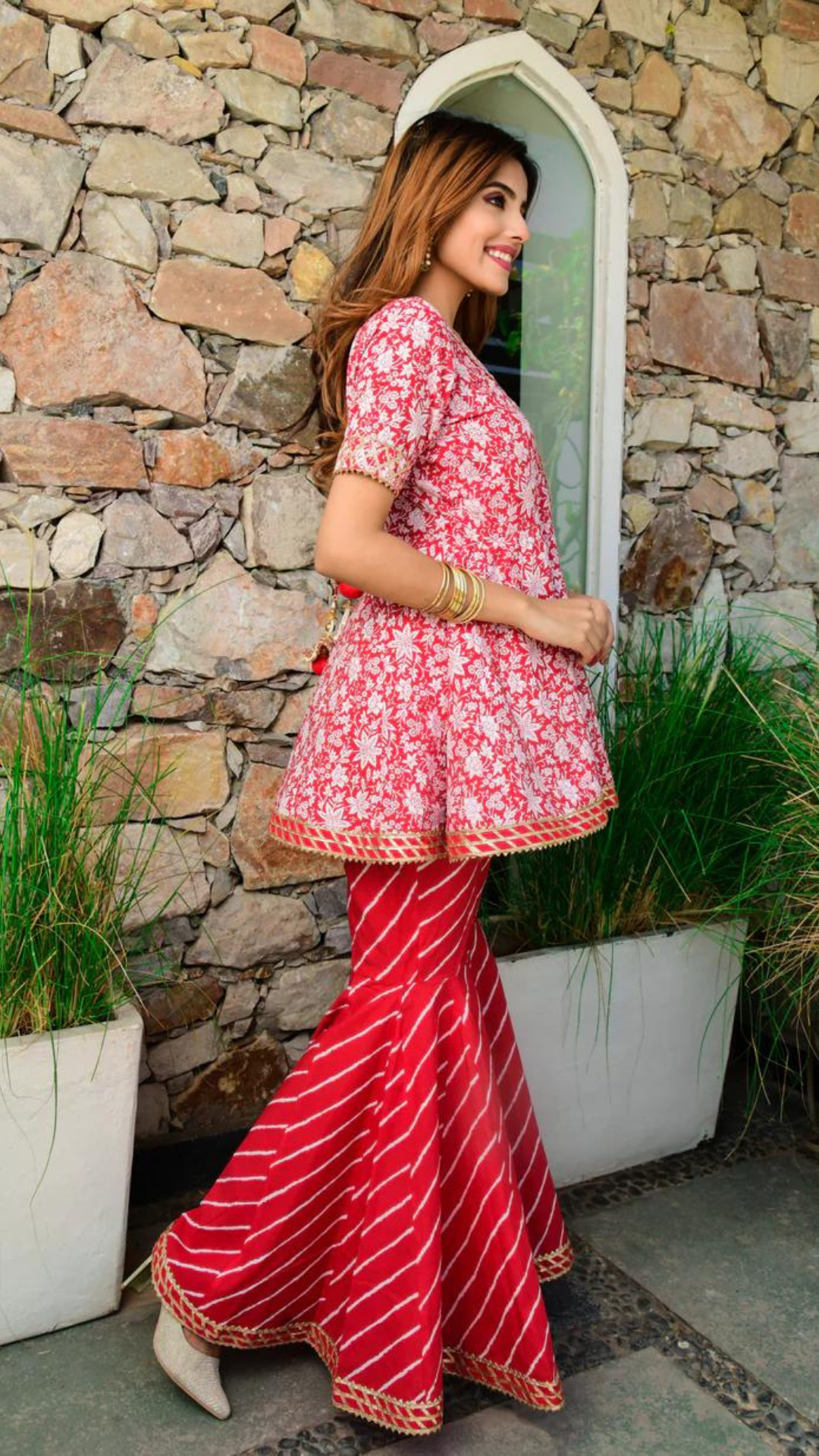 Red-Cotton-Short-Kurti-With-Gharara