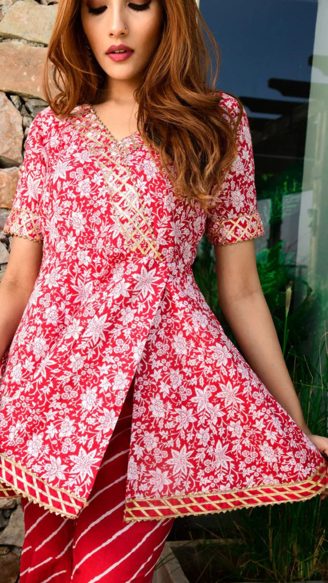 Red-Cotton-Short-Kurti-With-Gharara