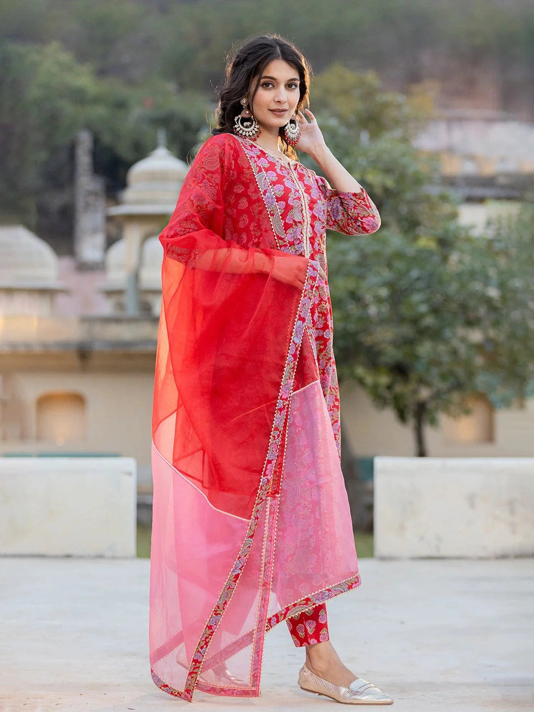 Red-Cotton-Floral-Print-Regular-Sleeves-Anarkali-Set