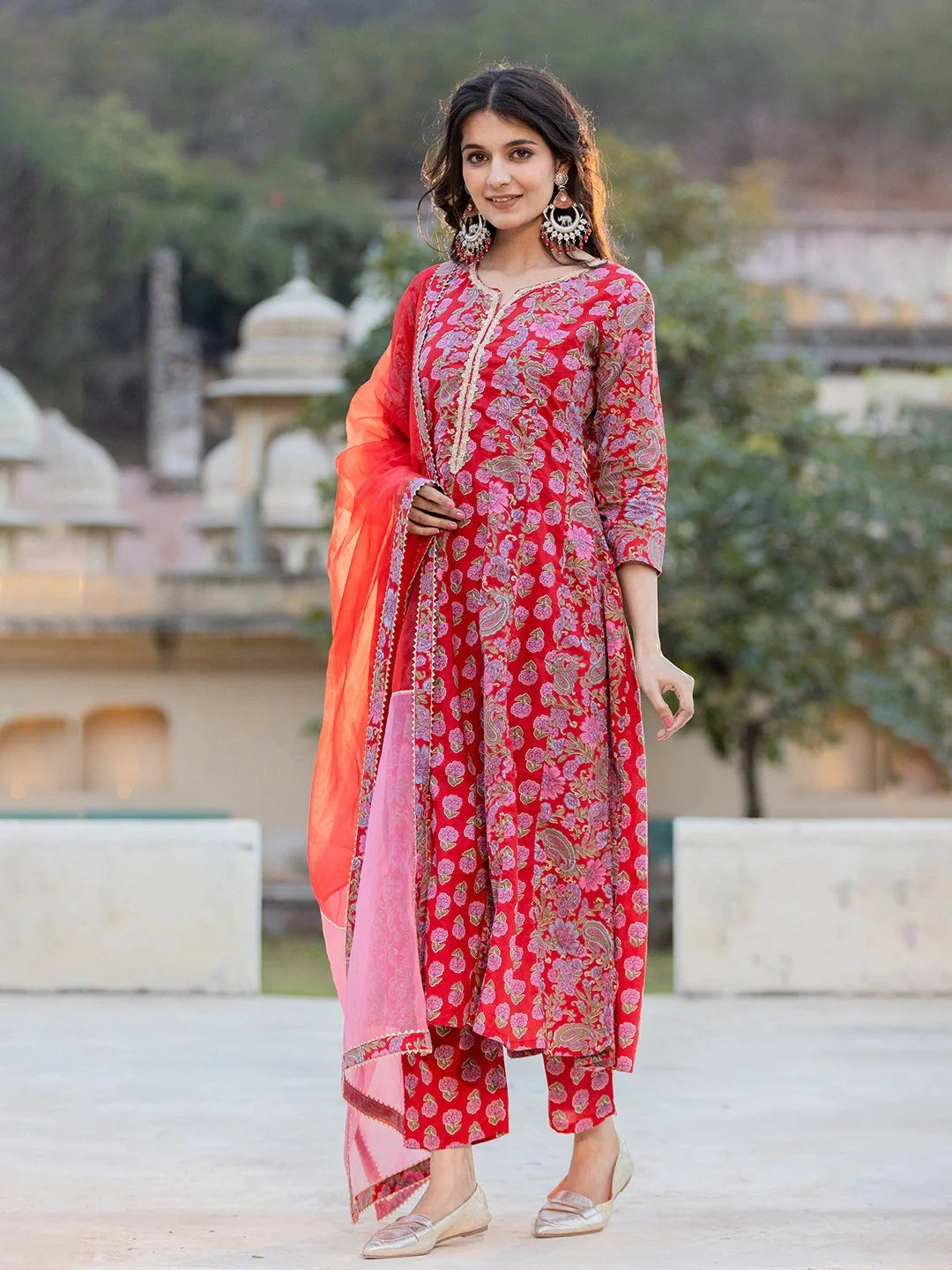 Red-Cotton-Floral-Print-Regular-Sleeves-Anarkali-Set