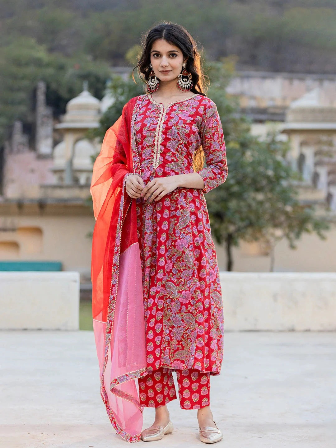 Red-Cotton-Floral-Print-Regular-Sleeves-Anarkali-Set