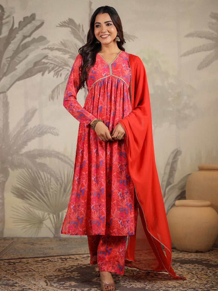 Red Georgette All-Over Floral A-Line Kurta Set