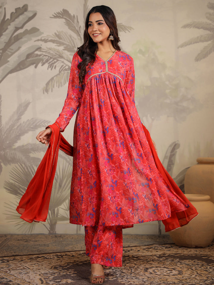 Red Georgette All-Over Floral A-Line Kurta Set