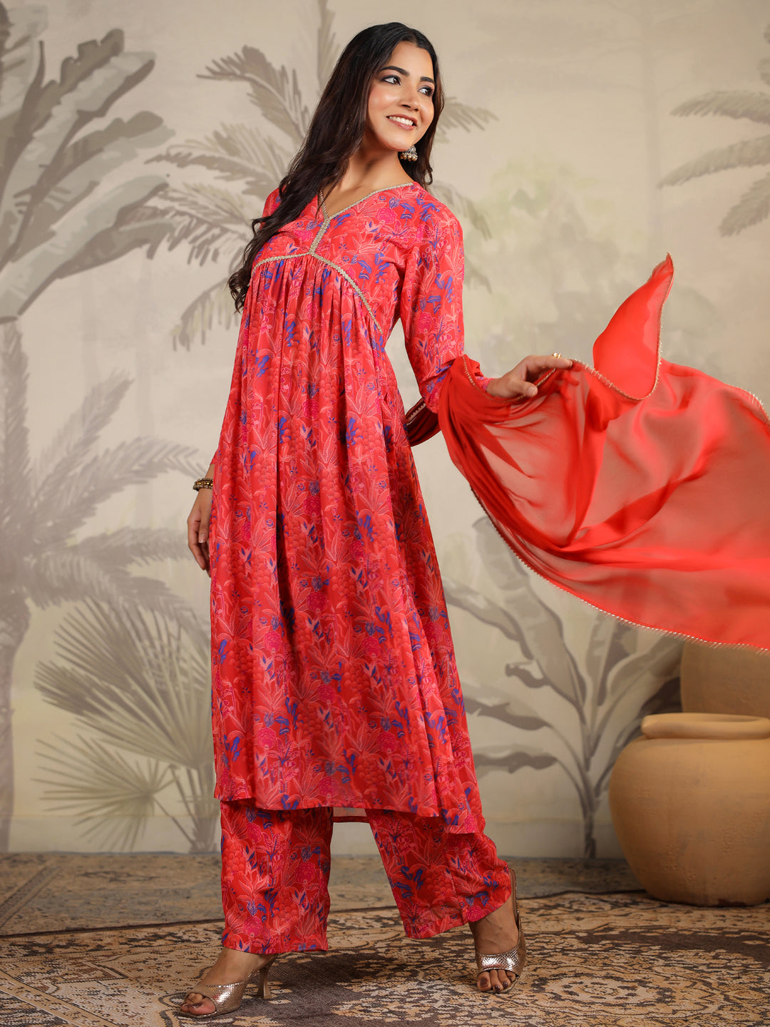 Red Georgette All-Over Floral A-Line Kurta Set