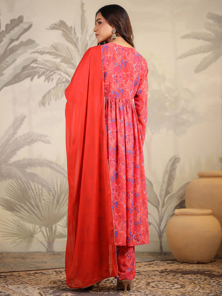 Red Georgette All-Over Floral A-Line Kurta Set