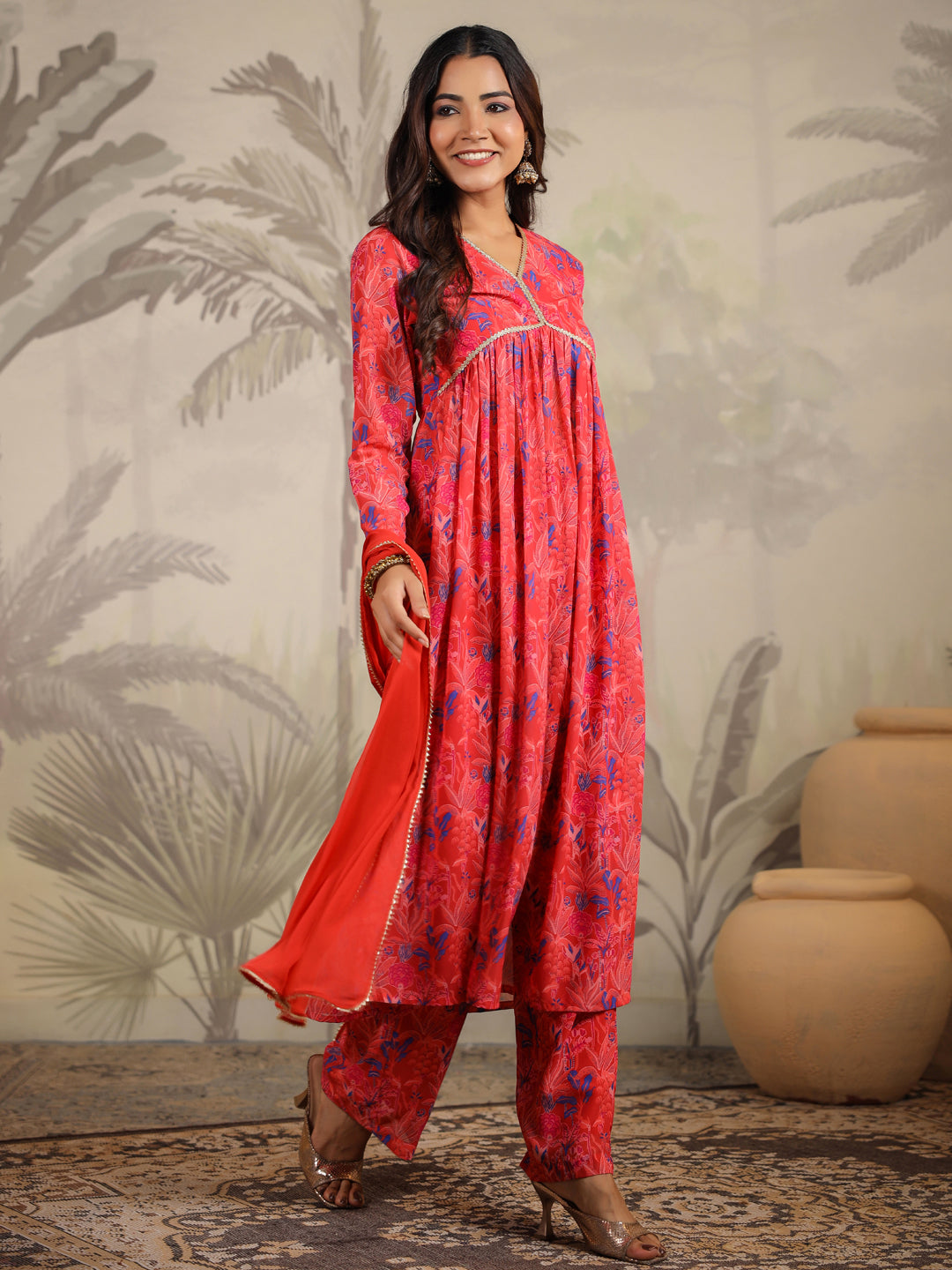 Red Georgette All-Over Floral A-Line Kurta Set