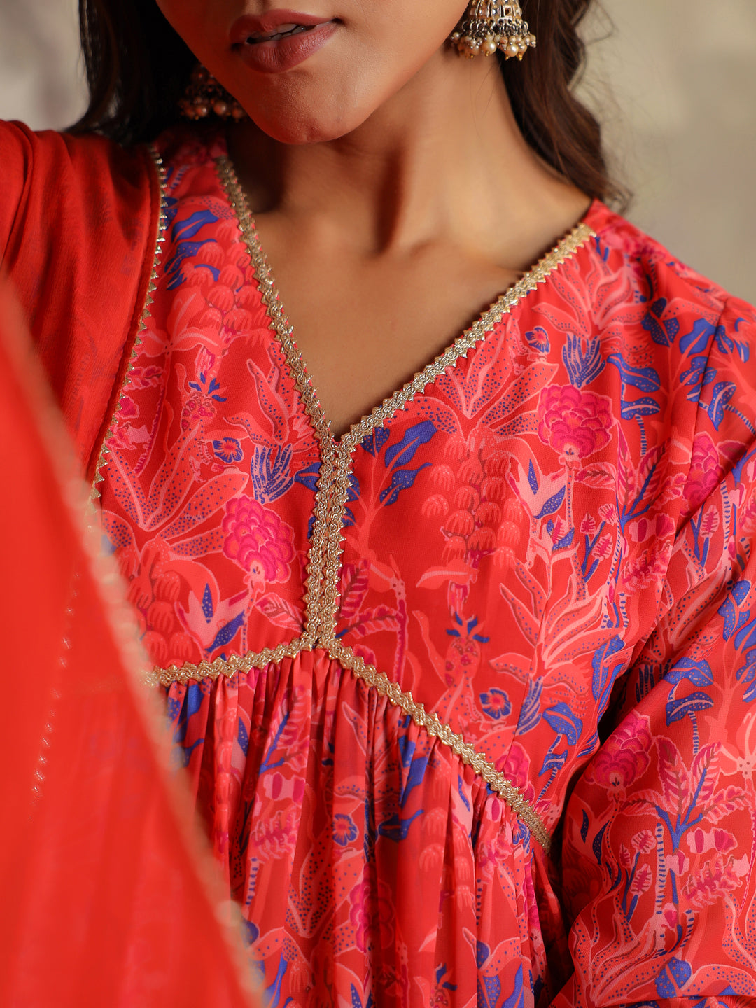 Red Georgette All-Over Floral A-Line Kurta Set