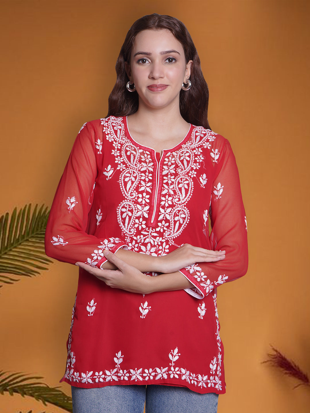 Red-Georgette-Chikankari-Short-Tunic-With-Slip