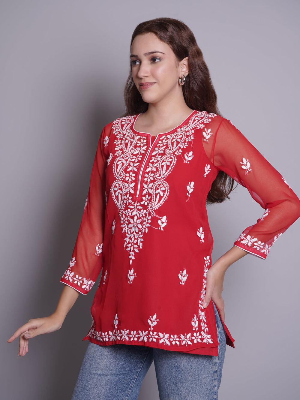 Red-Georgette-Chikankari-Short-Tunic-With-Slip