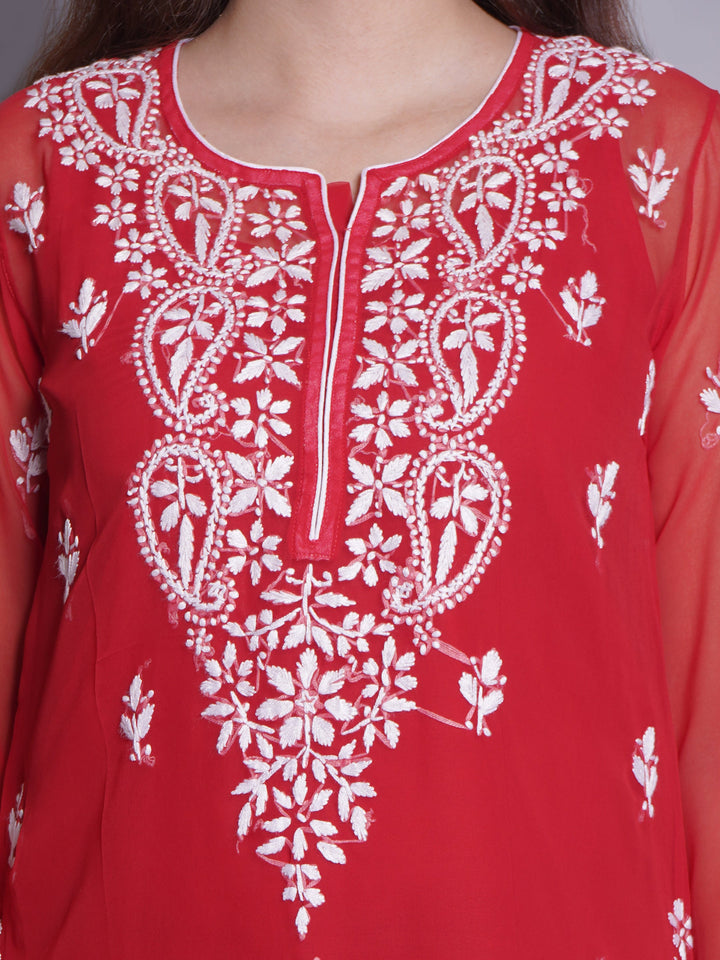 Red-Georgette-Chikankari-Short-Tunic-With-Slip