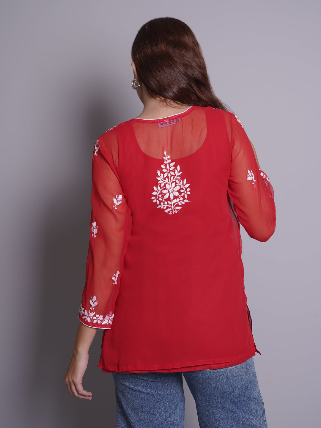 Red-Georgette-Chikankari-Short-Tunic-With-Slip