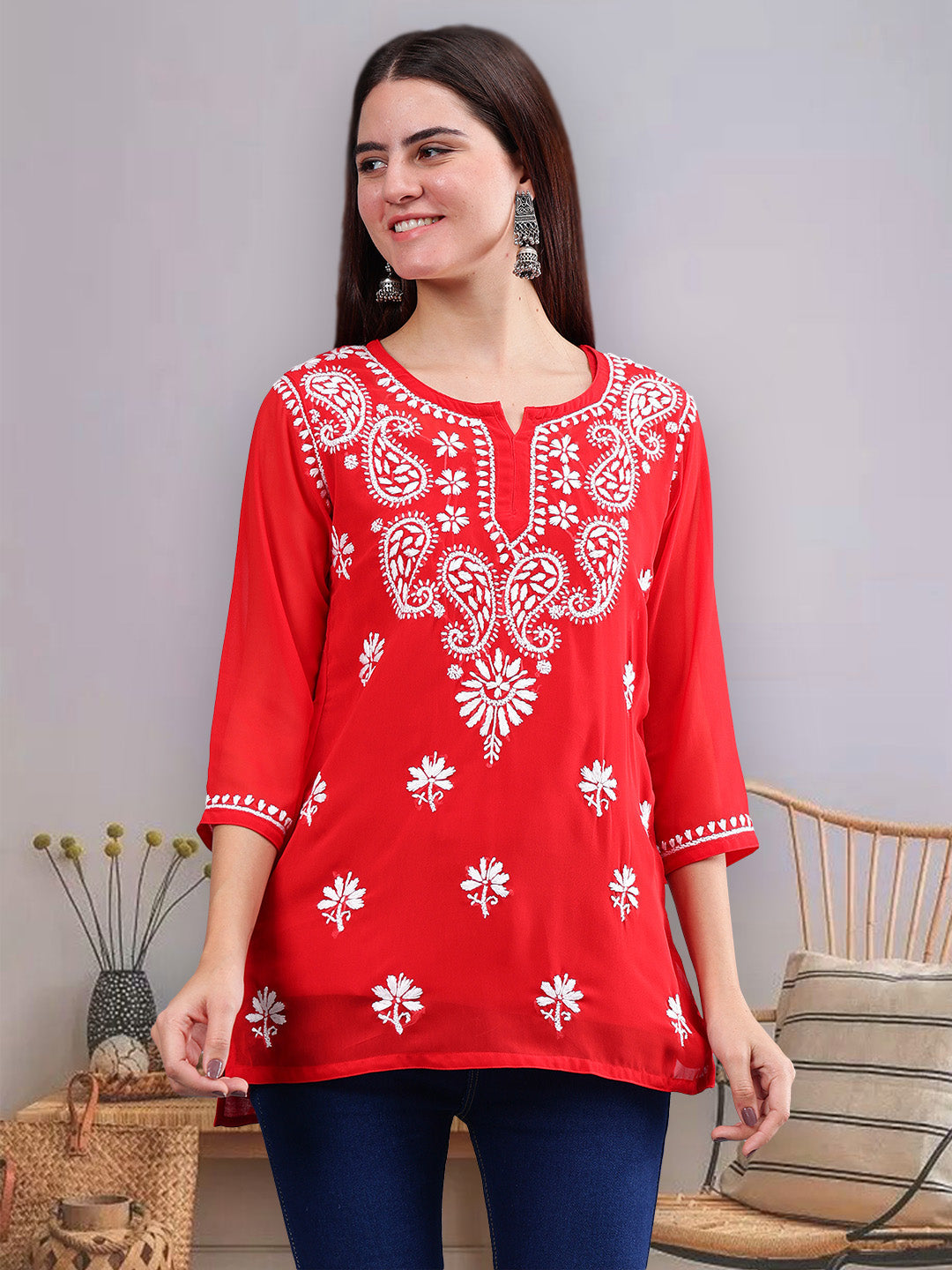 Red-Georgette-Chikankari-Short-Tunic-with-Inner-Slip