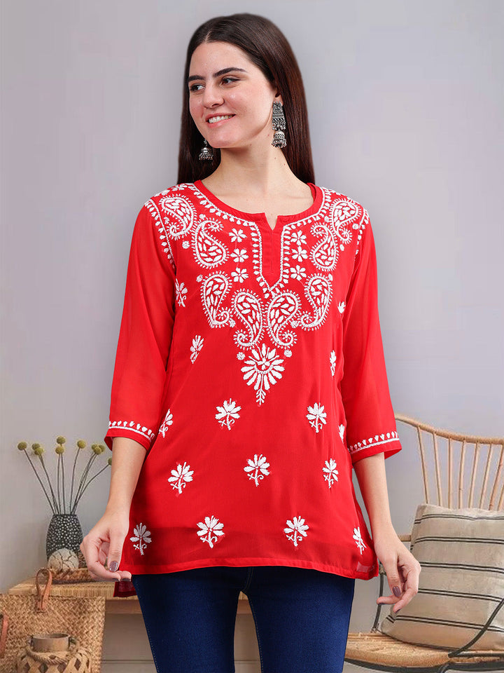 Red-Georgette-Chikankari-Short-Tunic-with-Inner-Slip