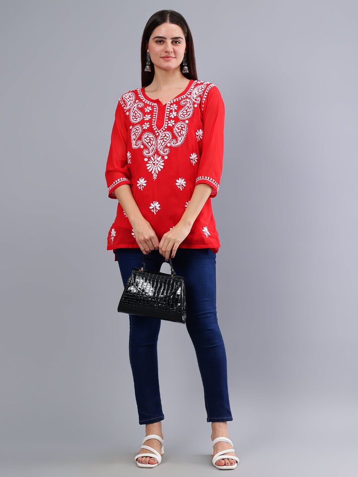 Red-Georgette-Chikankari-Short-Tunic-with-Inner-Slip