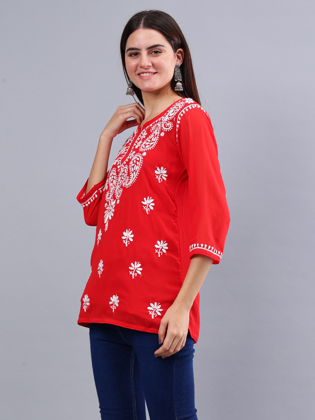 Red-Georgette-Chikankari-Short-Tunic-with-Inner-Slip