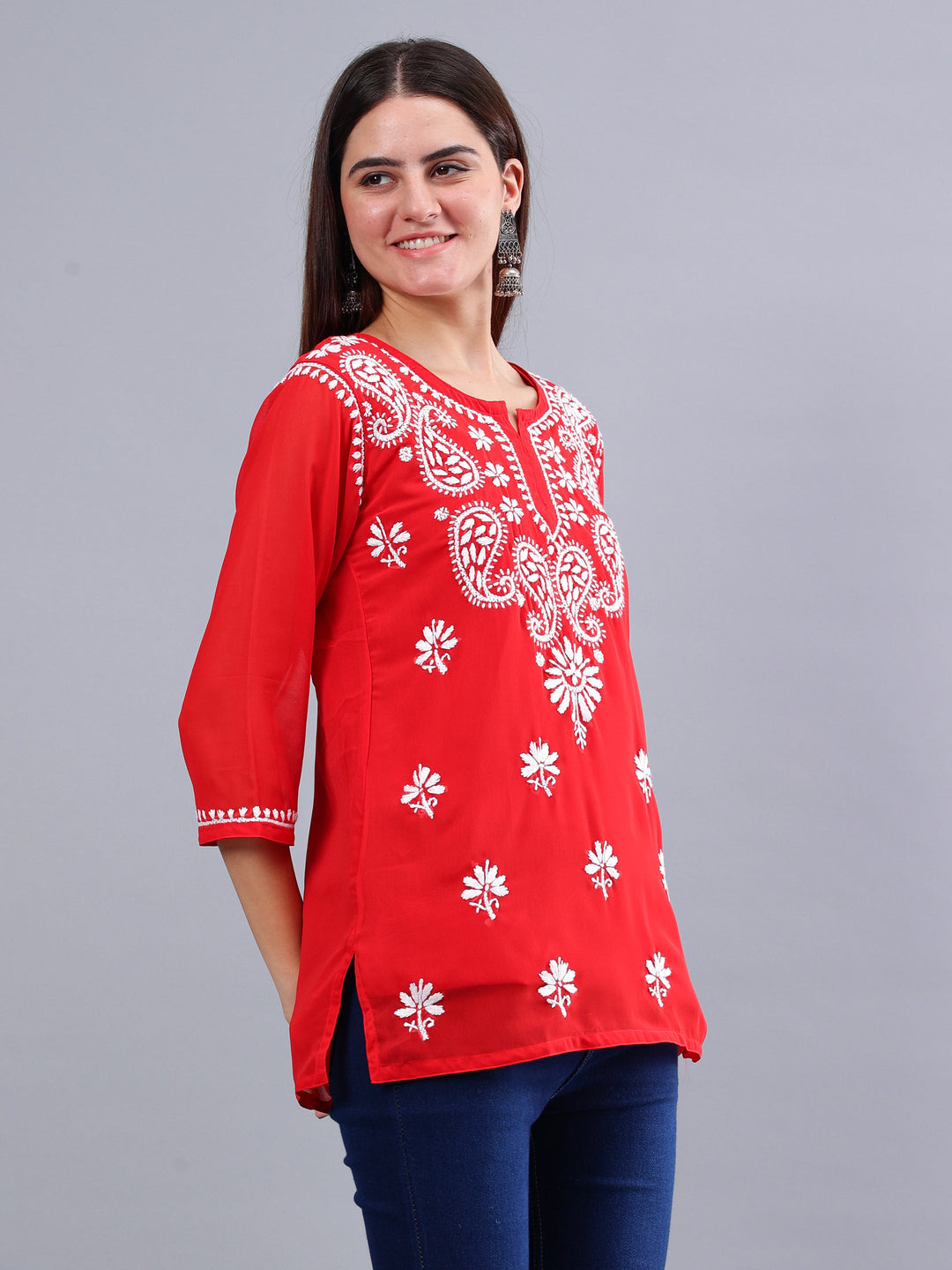 Red-Georgette-Chikankari-Short-Tunic-with-Inner-Slip