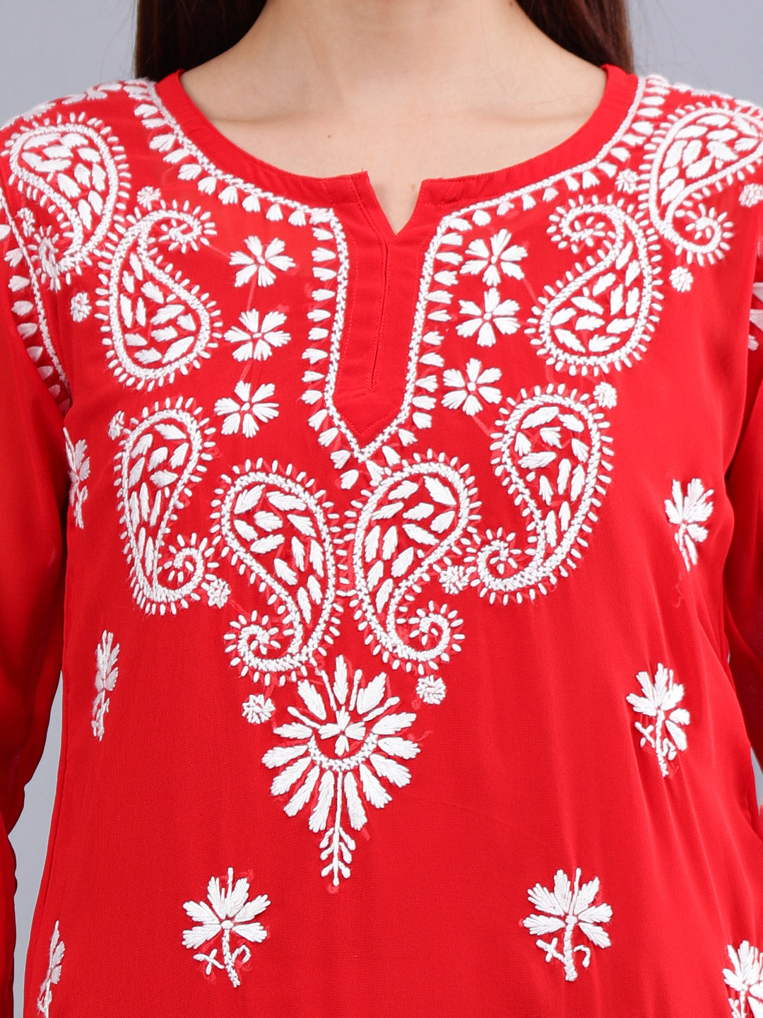 Red-Georgette-Chikankari-Short-Tunic-with-Inner-Slip