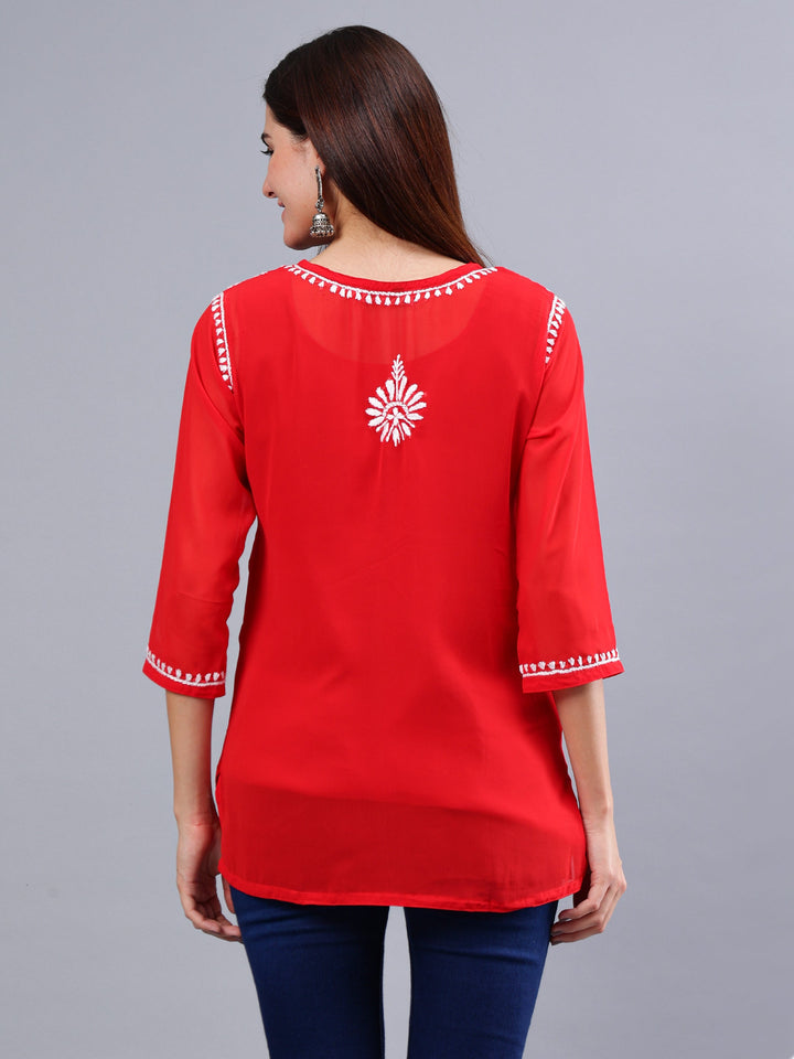 Red-Georgette-Chikankari-Short-Tunic-with-Inner-Slip