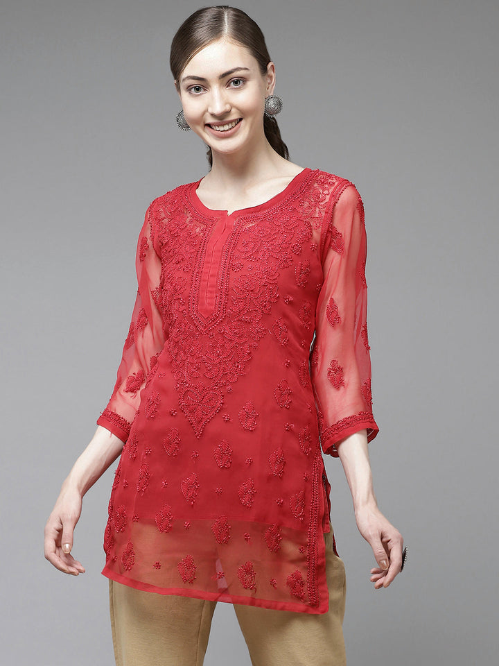 Red Georgette Chikankari Tunic With Slip