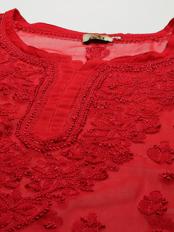 Red Georgette Chikankari Tunic With Slip