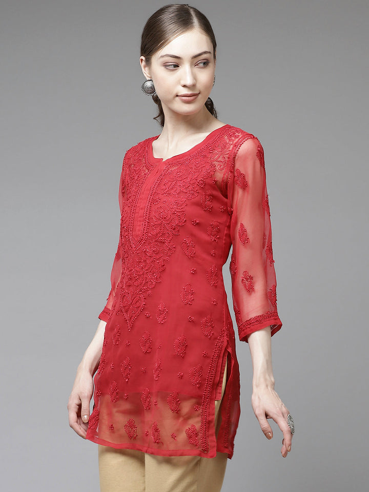 Red Georgette Chikankari Tunic With Slip