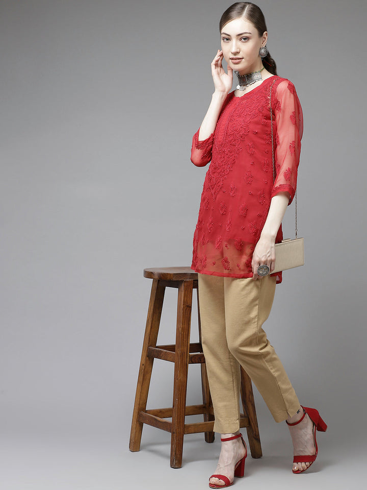 Red Georgette Chikankari Tunic With Slip