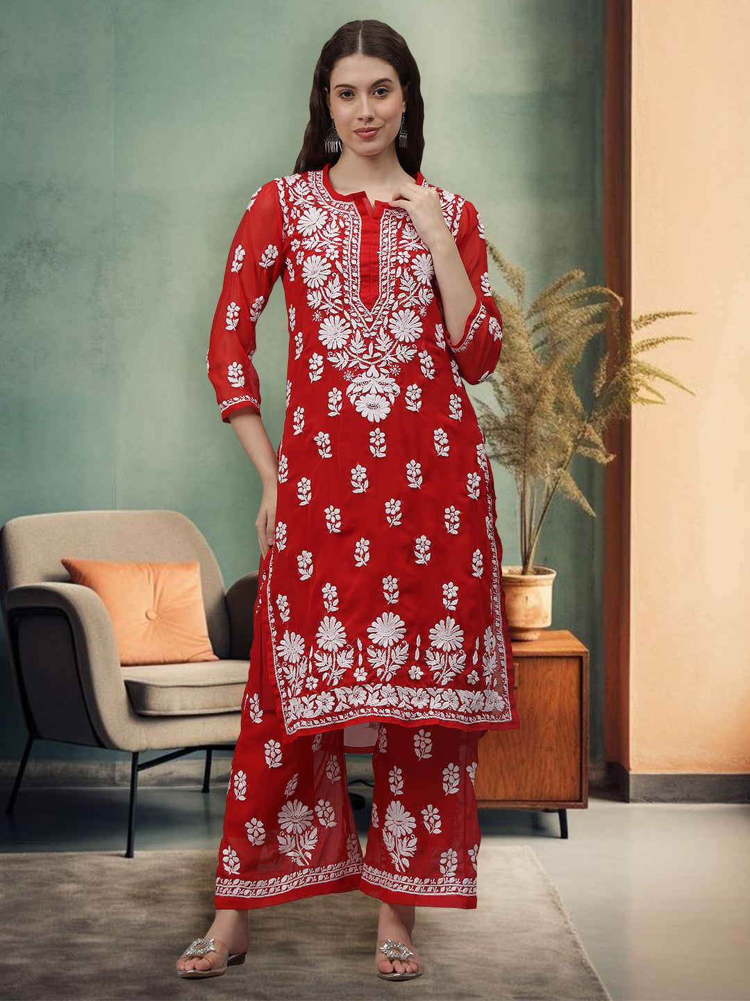 Red-Georgette-Embroidered-Chikankari-2-Piece-Kurta-Set