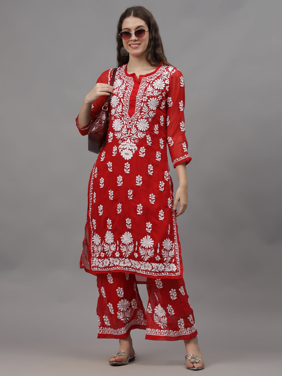 Red-Georgette-Embroidered-Chikankari-2-Piece-Kurta-Set