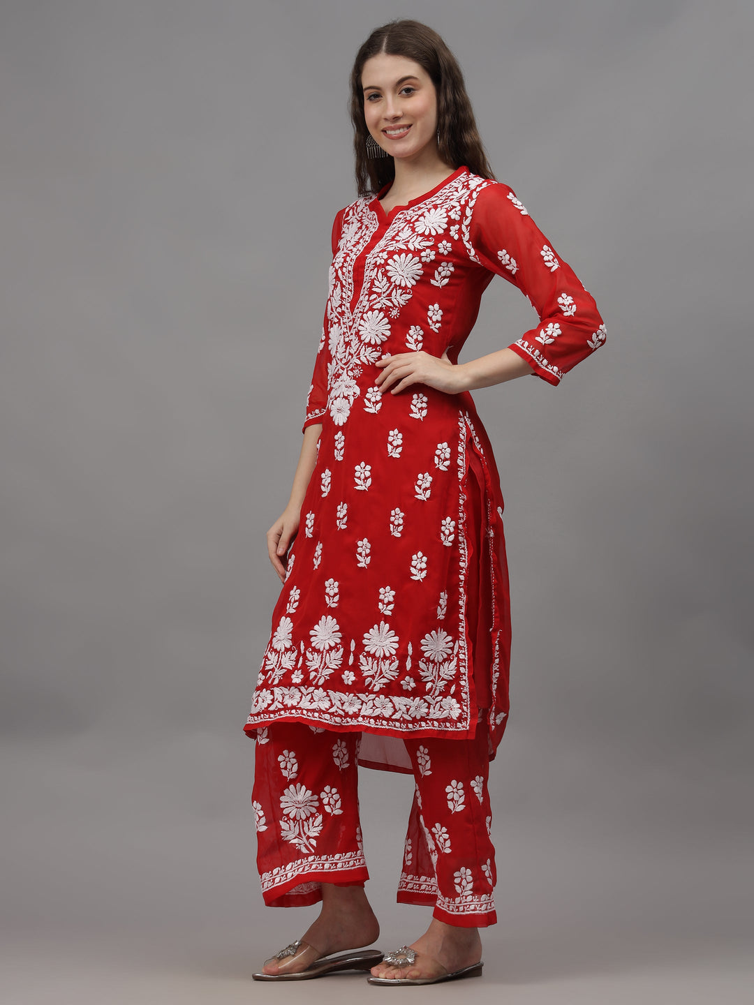 Red-Georgette-Embroidered-Chikankari-2-Piece-Kurta-Set