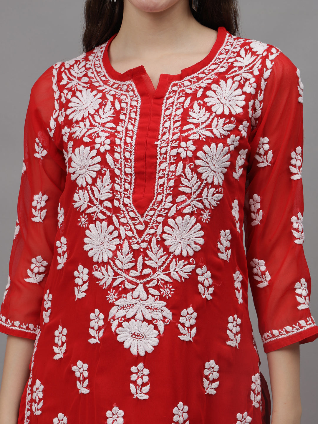 Red-Georgette-Embroidered-Chikankari-2-Piece-Kurta-Set