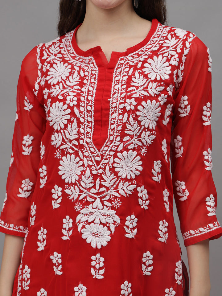 Red-Georgette-Embroidered-Chikankari-2-Piece-Kurta-Set