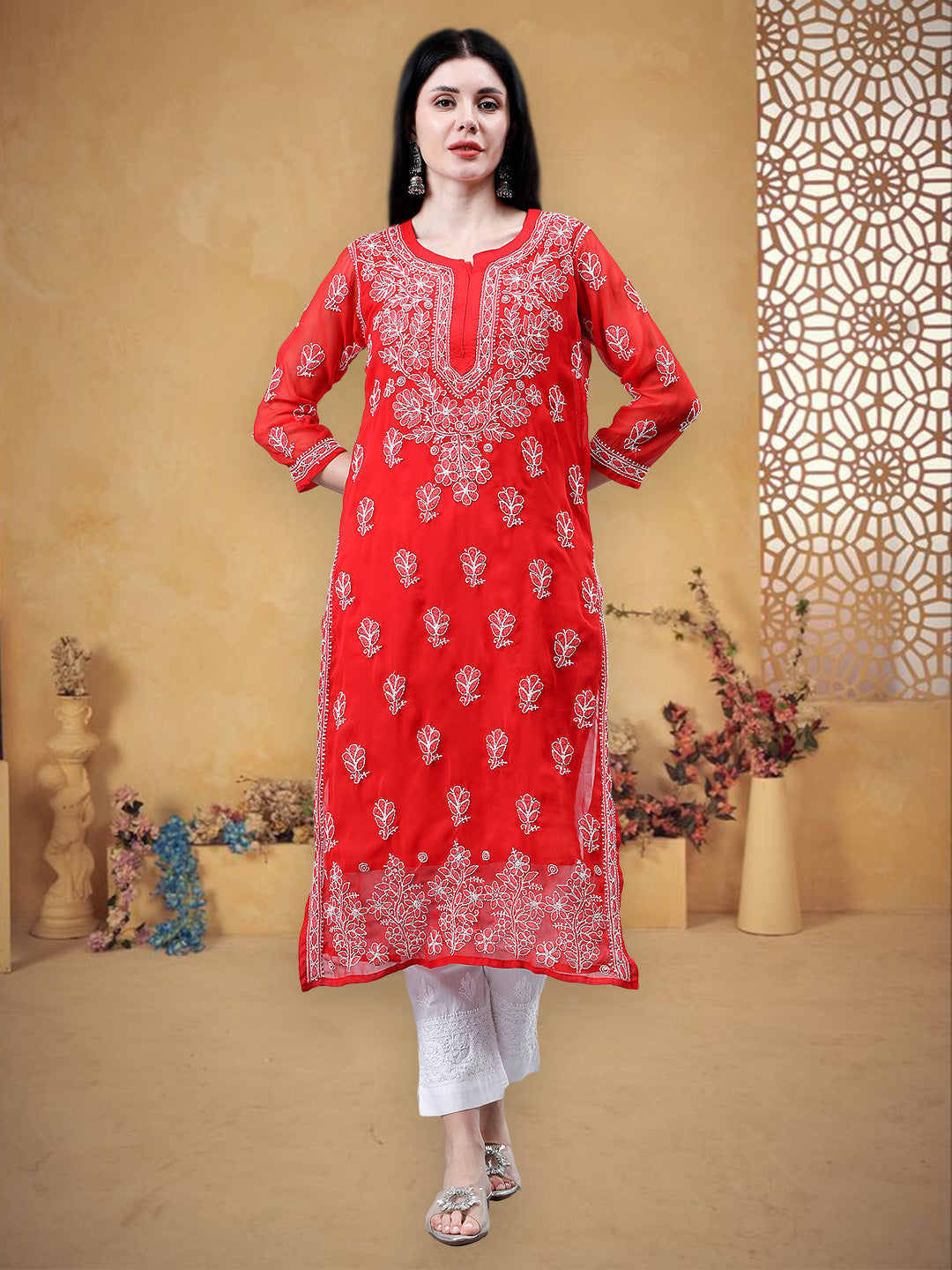 Red-Georgette-Embroidered-Chikankari-Kurta-With-Slip