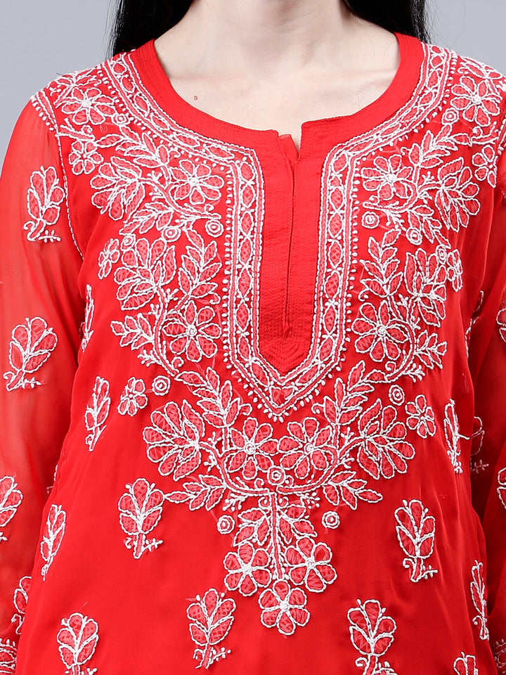 Red-Georgette-Embroidered-Chikankari-Kurta-With-Slip