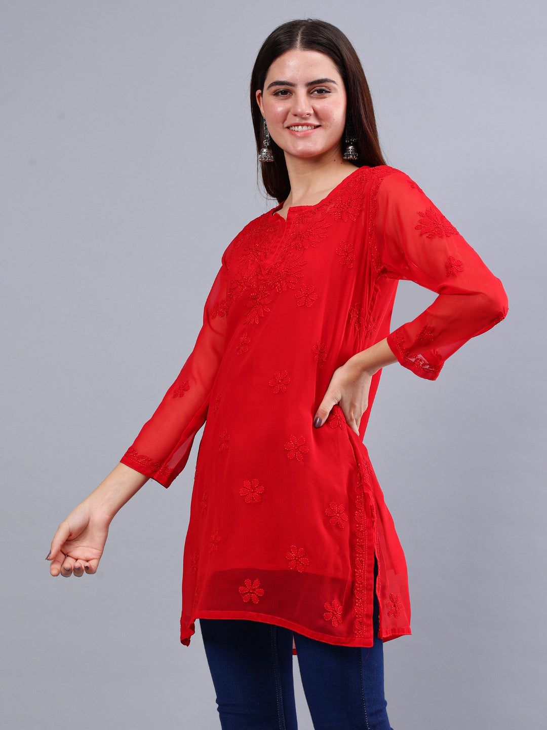 Red-Georgette-Embroidery-Chikankari-Short-Tunic-with-Slip