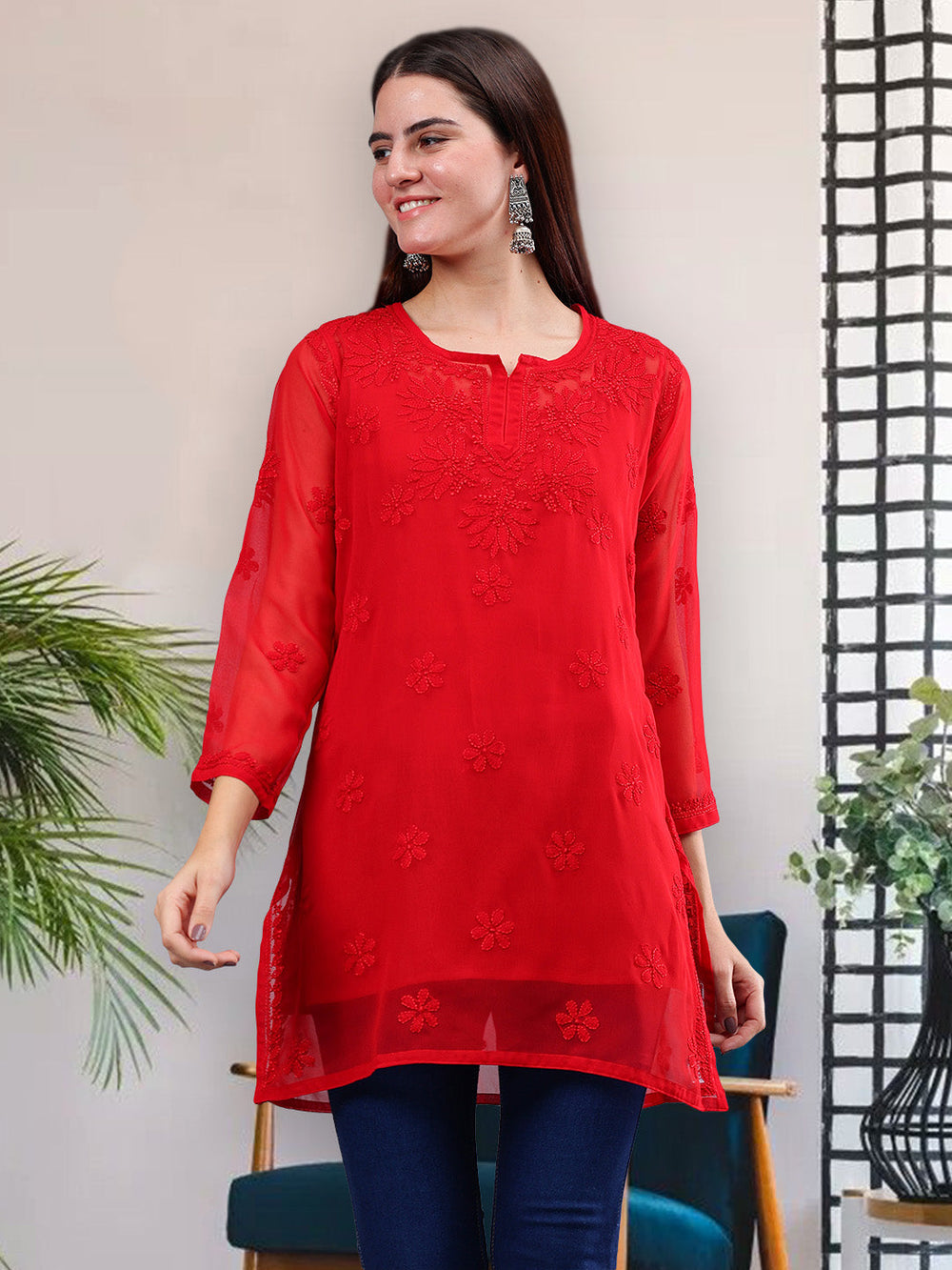 Red-Georgette-Embroidery-Chikankari-Short-Tunic-with-Slip