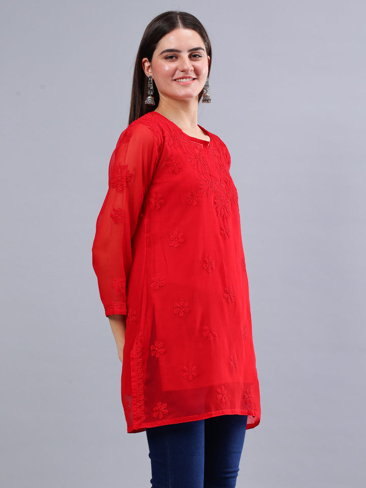 Red-Georgette-Embroidery-Chikankari-Short-Tunic-with-Slip